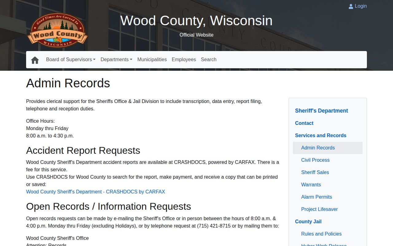 Wood County Sheriff Admin Records booking-record request page