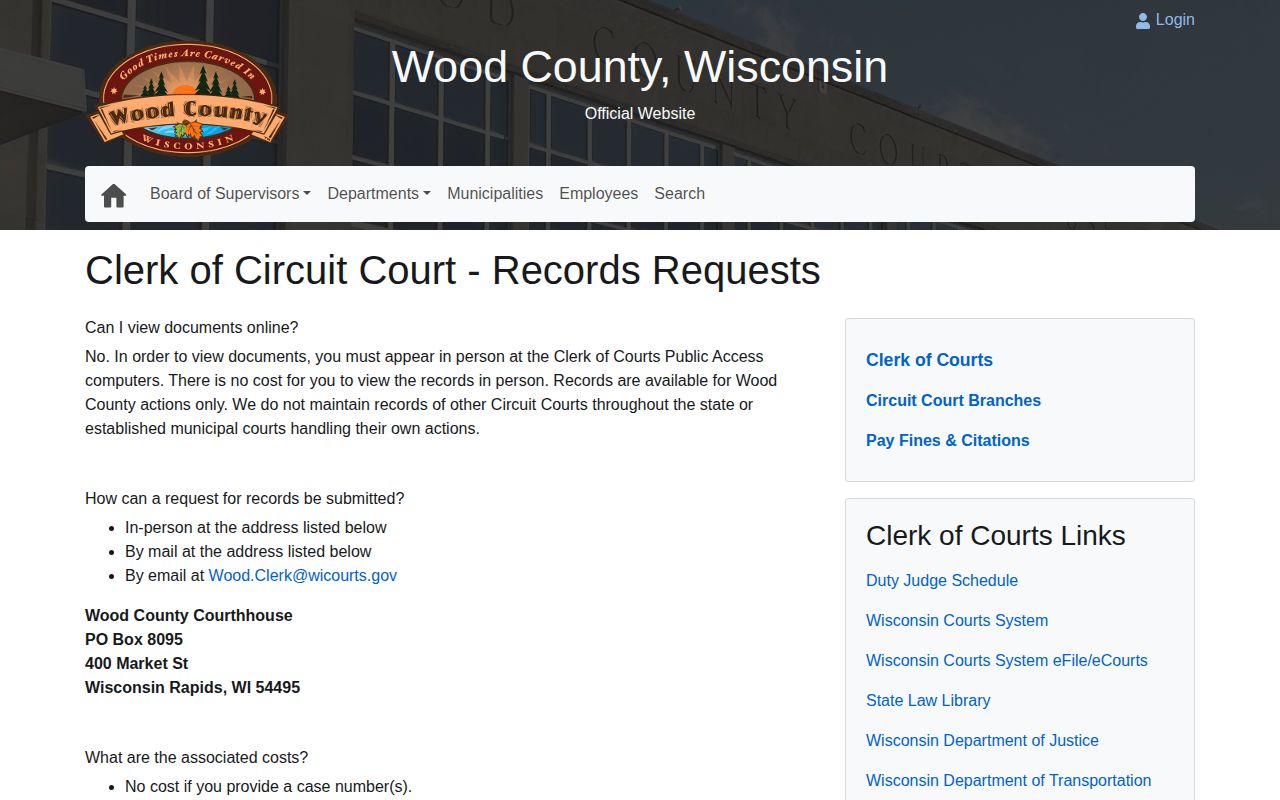Wood County Clerk court-record request page for a booking disposition