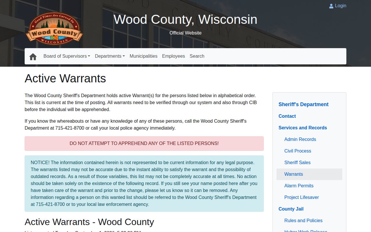 Wood County Active Warrants official wanted-record list
